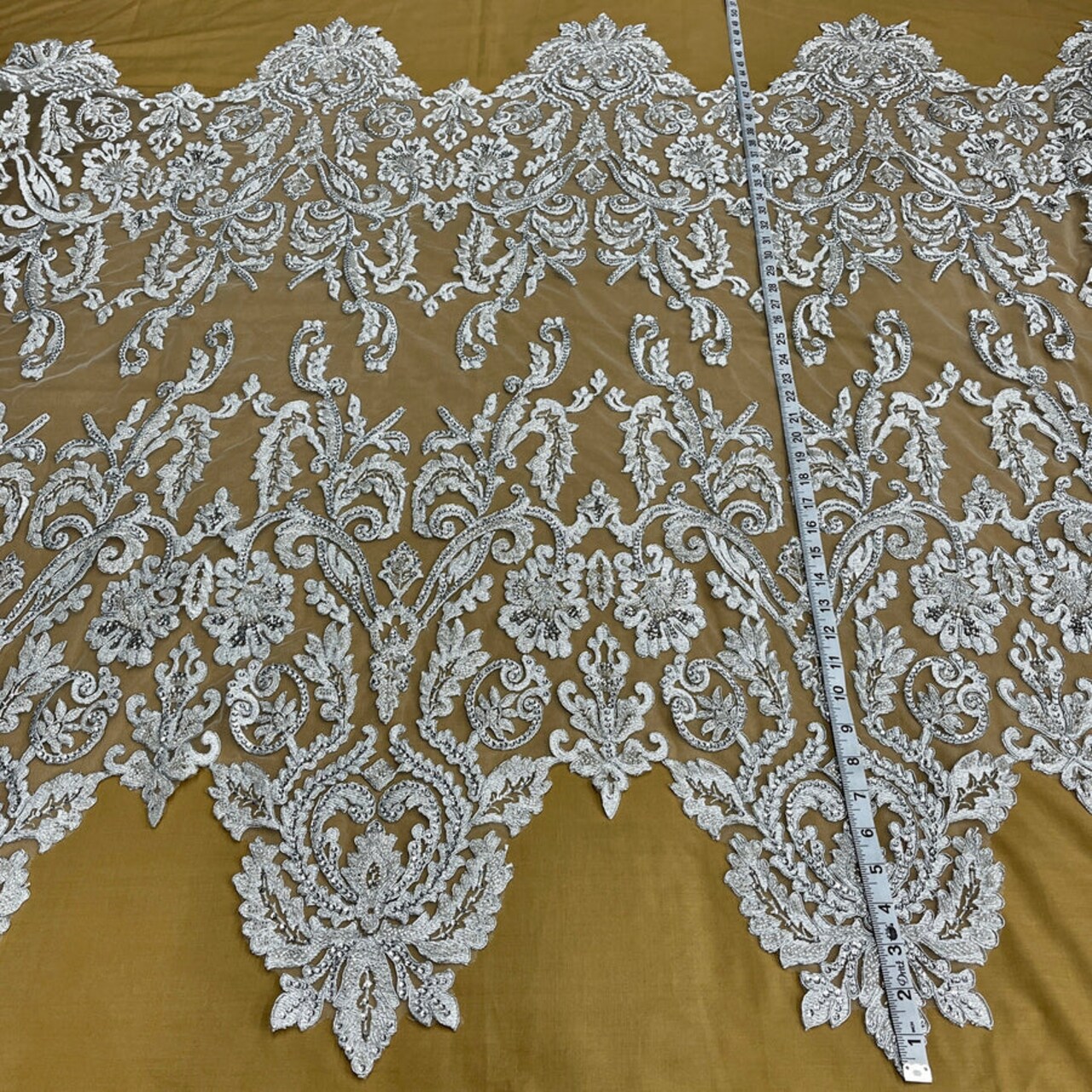1 Yard Glamorous Beaded and Corded Bridal Lace Fabric Embroidered on Polyester Net Mesh